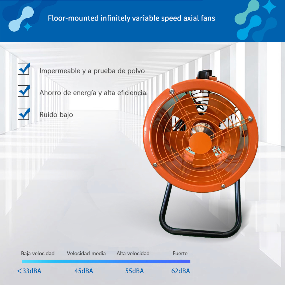 Floor-mounted, infinitely variable speed axial fans